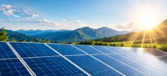 Paneles solares al sol frente a las montañas