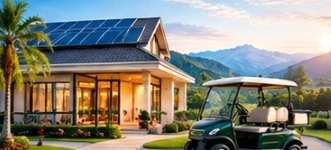 Casa con paneles solares y carrito de golf eléctrico