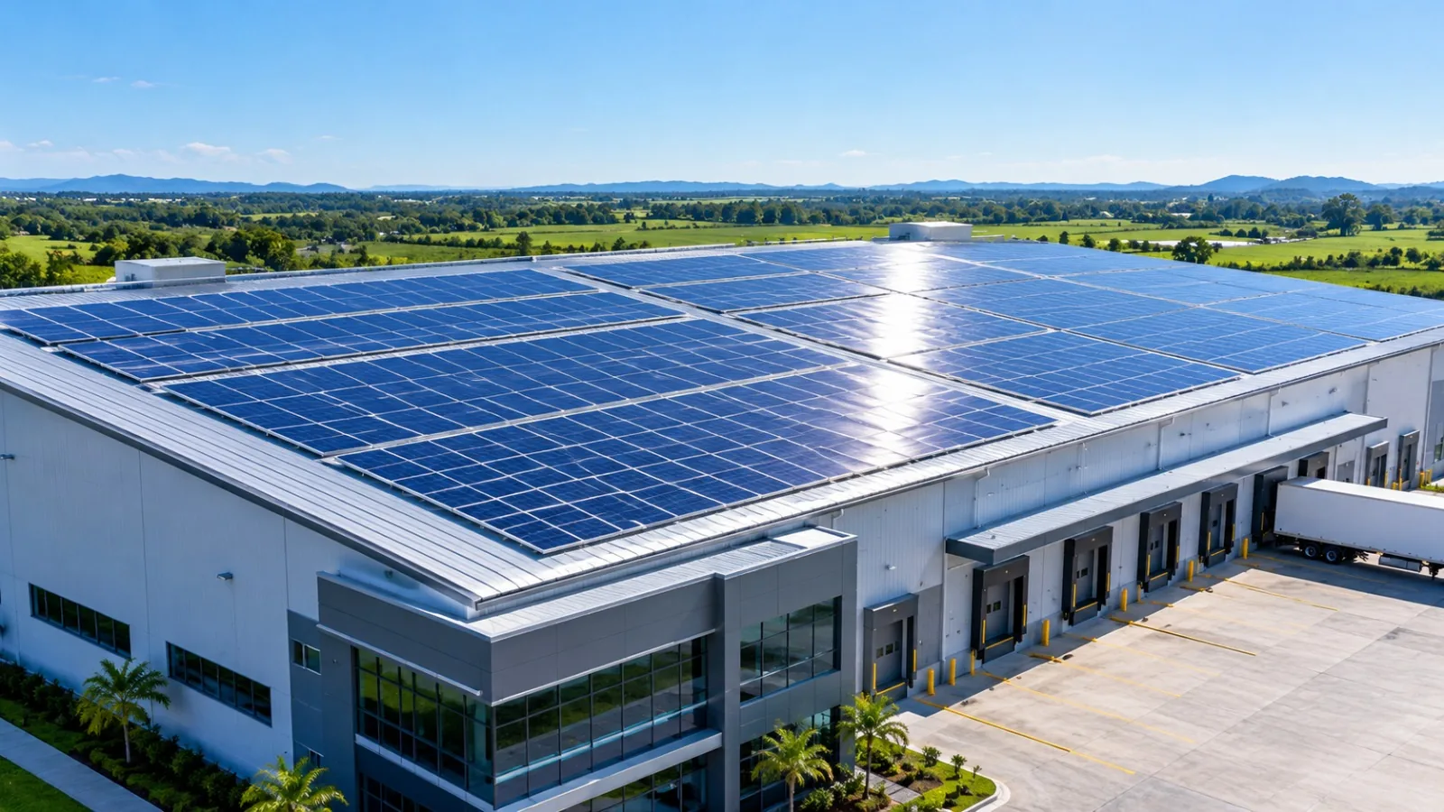Nave industrial con planta solar en el techo