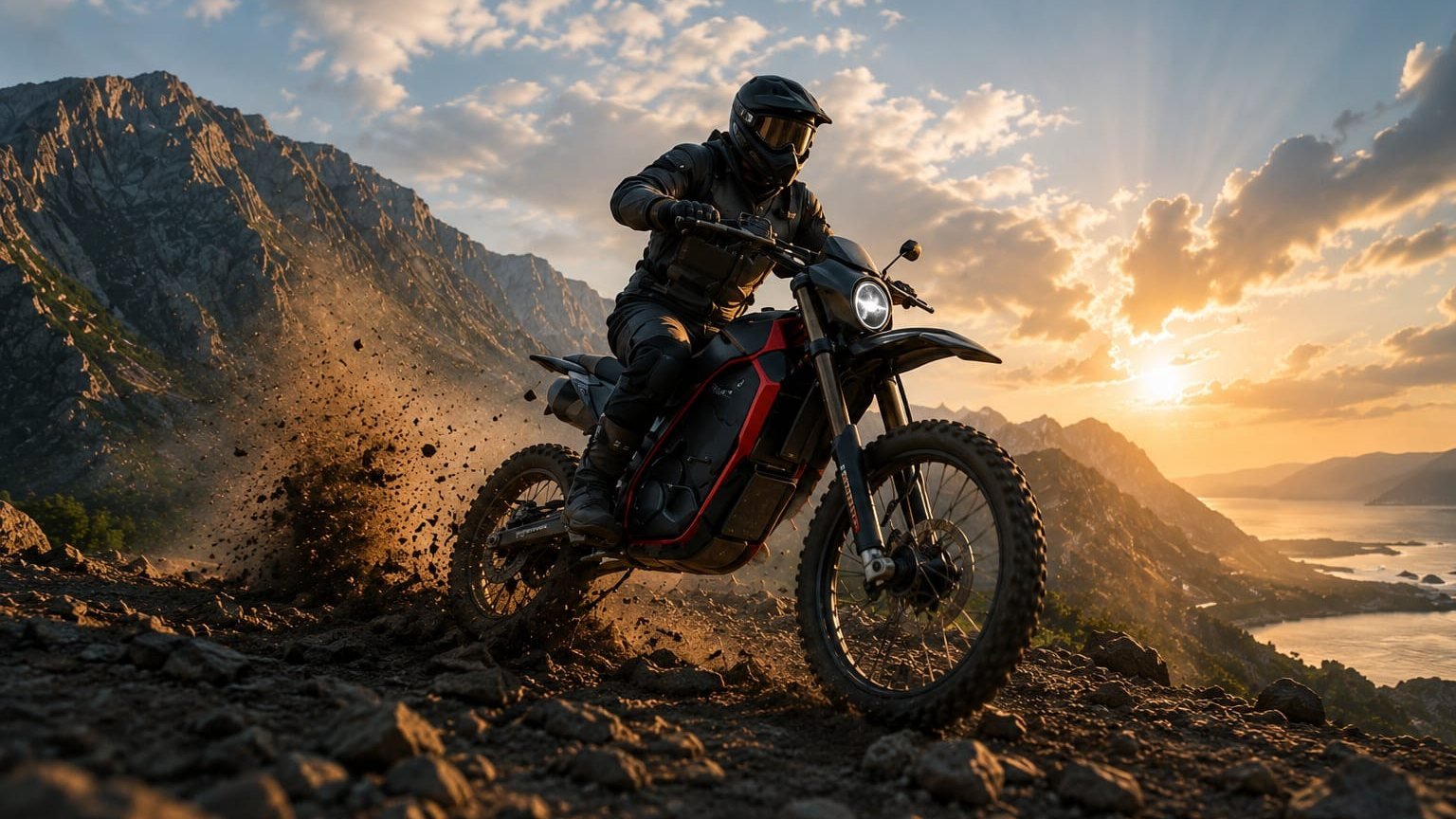Moto eléctrica off-road en la montaña al atardecer