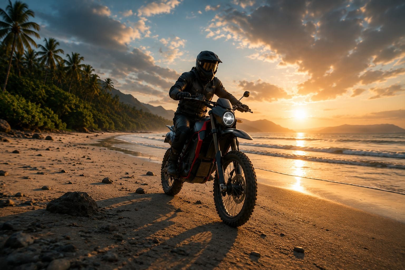 Moto eléctrica VORTAX en la playa al atardecer