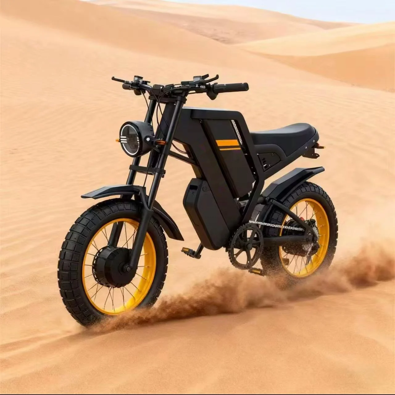 Motocicleta eléctrica VTX Adventure 300 levantando arena en una duna